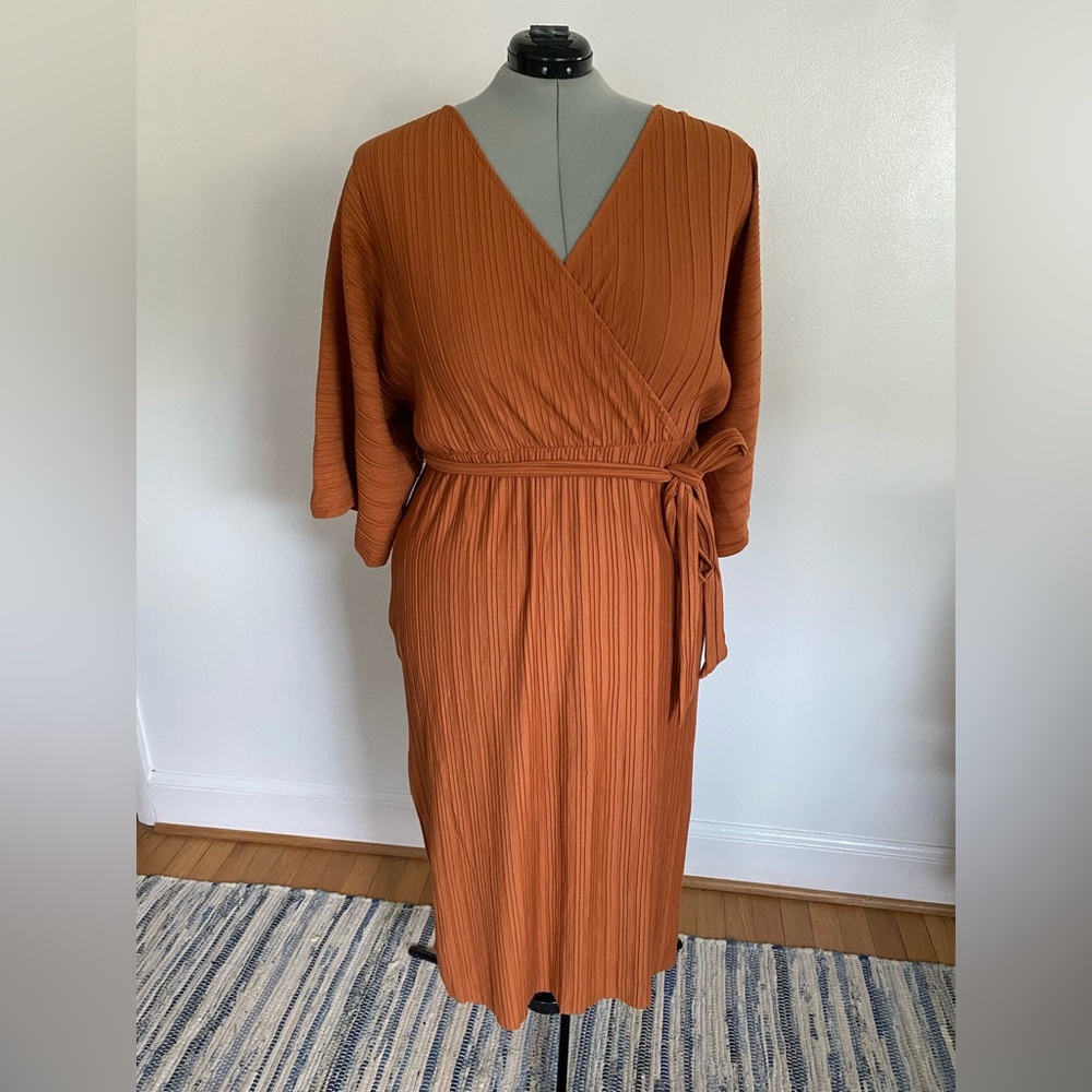 Eloquii Rust / Burnt Sienna Pleated Wrap Midi Dress